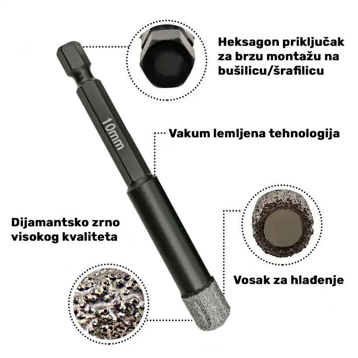 Dijamantska kruna 10 mm HEX sa vakum lemljenom dijamantskom oblogom i voskom za hlađenje – A8561010
