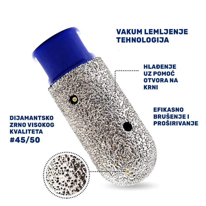 Detalj dijamantske krune 10mm sa vakuum lemljenjem, otvorima za hlađenje i dijamantskim zrnom granulacije #45/50