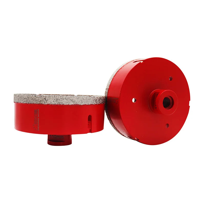 Dijamantska kruna 110 mm sa M14 navojem – set od dve krune, bočni prikaz i donji prikaz navoja i otvora za hlađenje