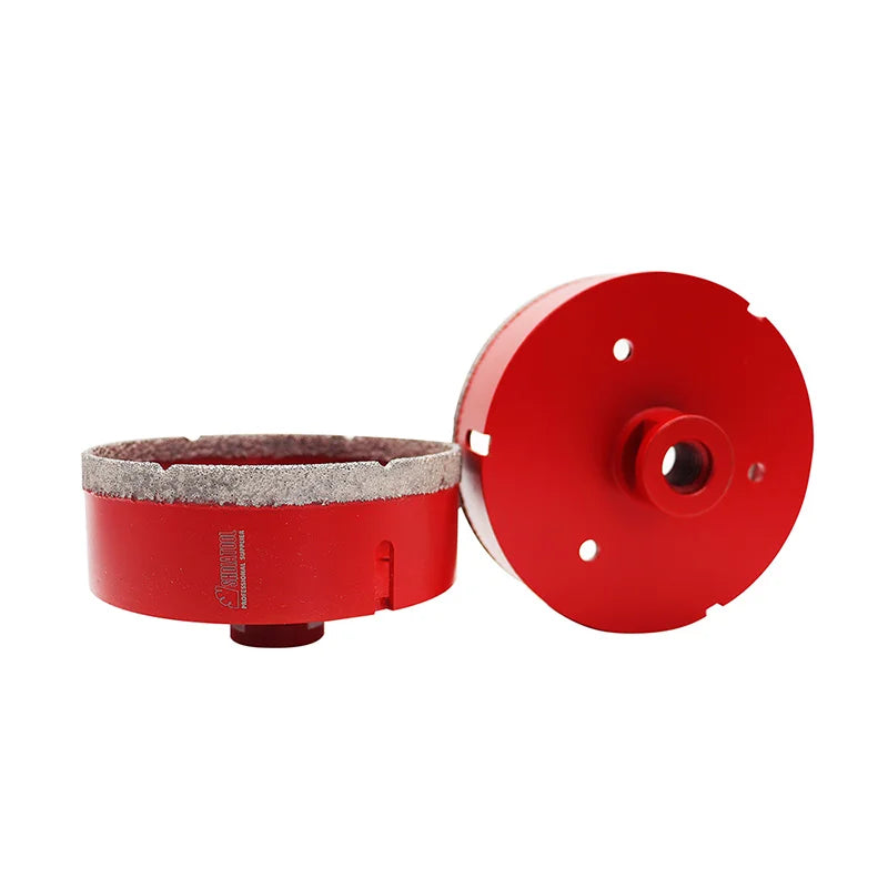 Dijamantska kruna 115 mm sa M14 navojem – set od dve krune, bočni prikaz i zadnja strana sa otvorima i navojem za montiranje