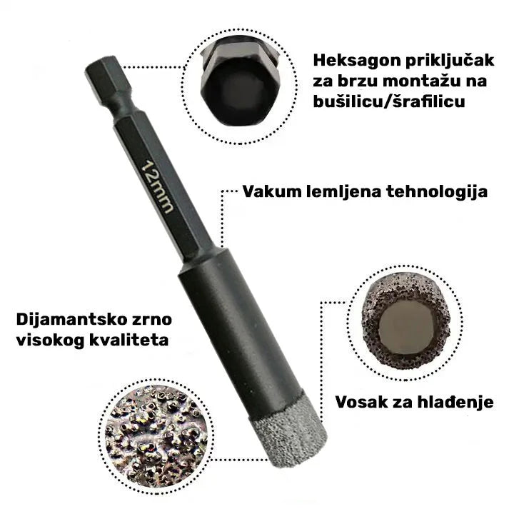 Dijamantska kruna 12 mm HEX – vakuum lemljena dijamantska zrna, heksagon priključak i vosak za hlađenje za suvo bušenje pločica, granita i mermera
