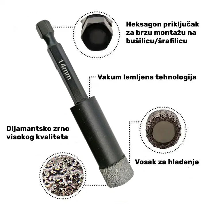 Detalji dijamantske krune 14mm HEX – vakum lemljena tehnologija, vosak za hlađenje i dijamantsko zrno visokog kvaliteta
