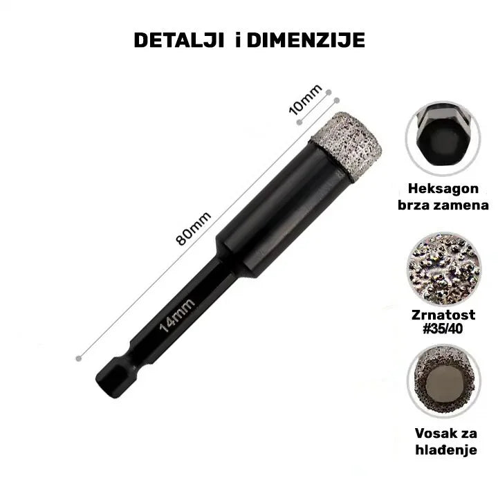 Dijamantska kruna 14mm HEX – dimenzije, dužina segmenta 10mm, heksagon prihvat i vosak za hlađenje