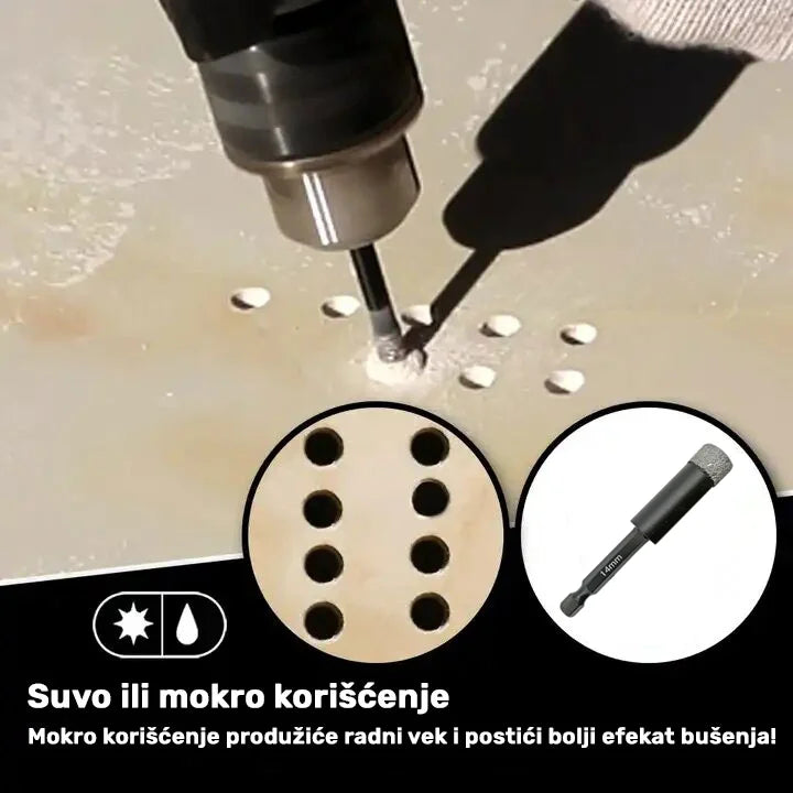 Primena dijamantske krune 14mm HEX za suvo i mokro bušenje porcelanskih i keramičkih pločica, granita i mermera