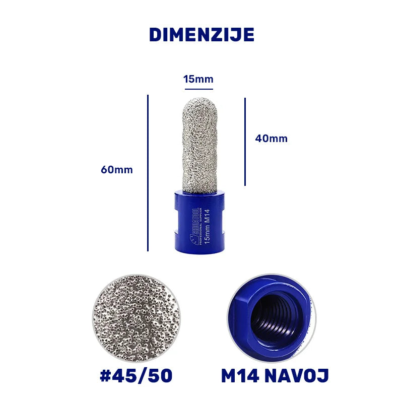 Dimenzije dijamantske krune 15mm M14 – prečnik 15mm, radna dužina 40mm, ukupna dužina 60mm, dijamantsko zrno #45/50