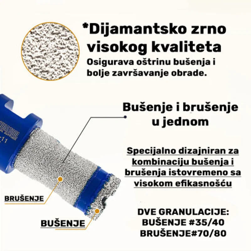Dijamantska kruna 20mm sa obeleženim zonama za bušenje i brušenje u jednom alatu