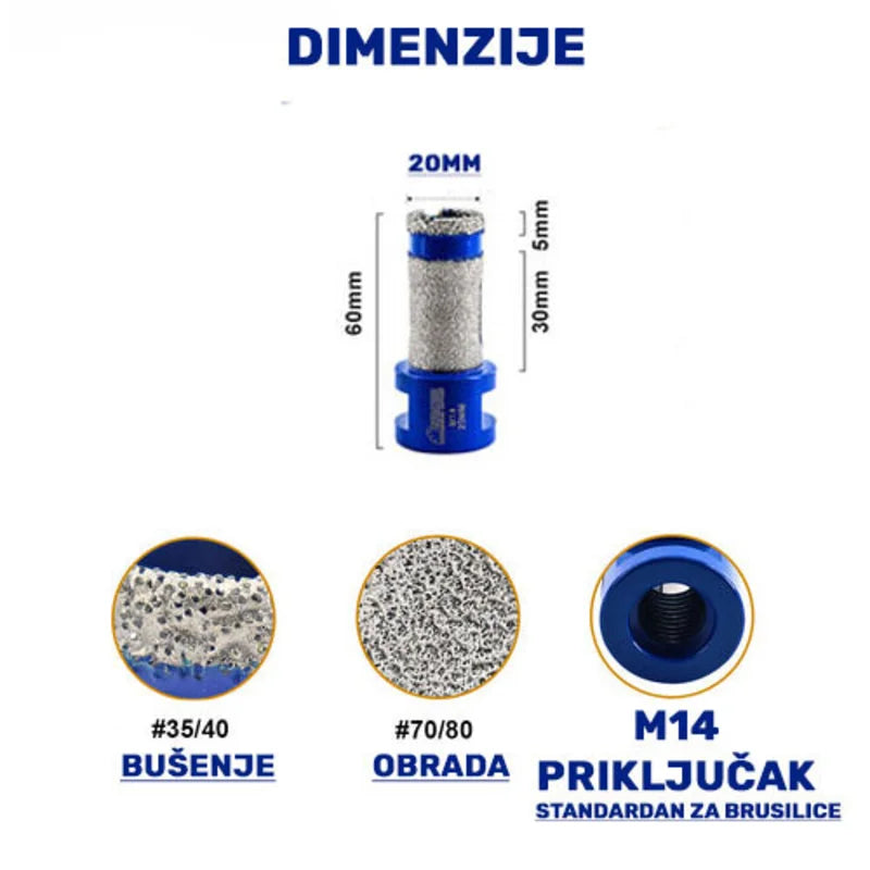 Dimenzije dijamantske krune 20mm sa odvojenim zonama za bušenje #35/40 i obradu #70/80