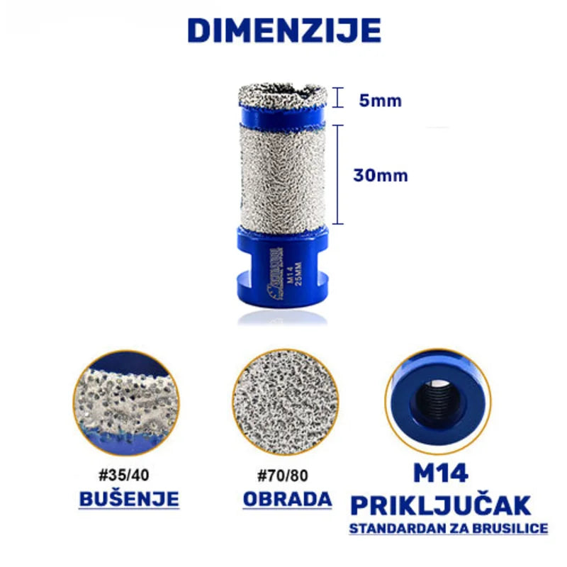 Dimenzije dijamantske krune 25 mm M14 sa delom za bušenje 5 mm zrnatosti #35/40 i delom za obradu 30 mm zrnatosti #70/80