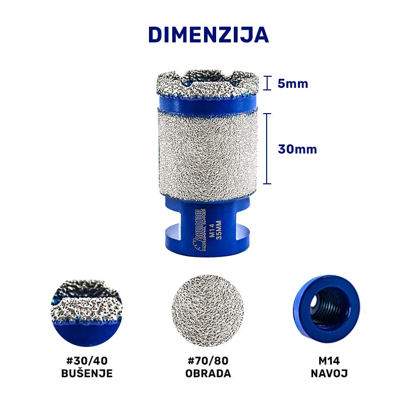 Dimenzije dijamantske krune 35 mm M14 sa označenim delom za bušenje i delom za obradu