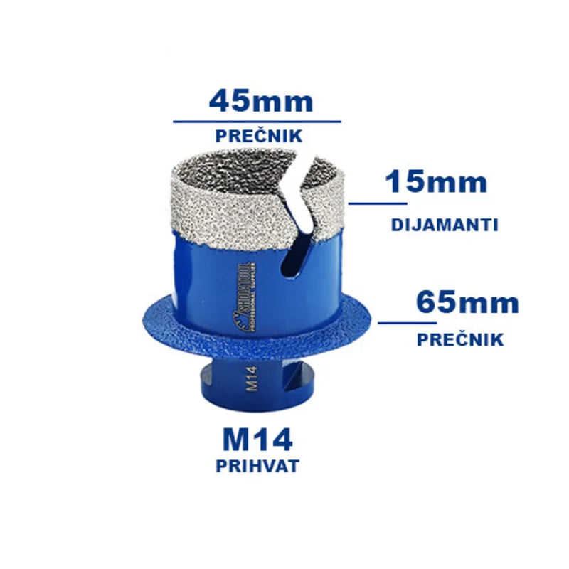 Profil dijamantske krune 45–65mm sa prikazom ivice i rasporeda dijamantskih zrna za čiste rezove na tvrdom kamenu