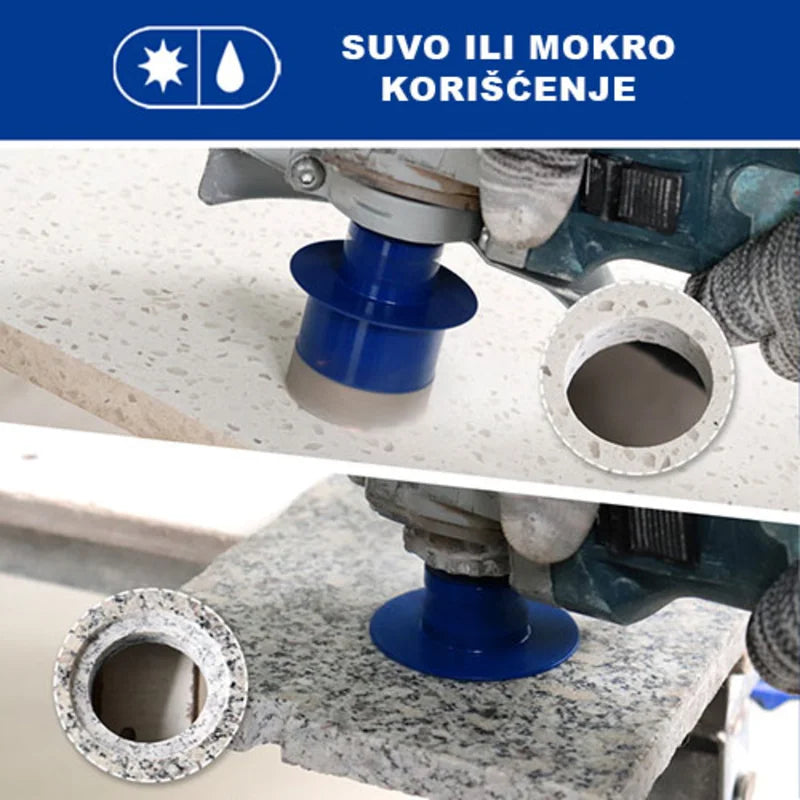 Primena dijamantske krune 45–65mm na granitnoj ploči i drugim materijalima – keramika, porcelan, mermer i kamen