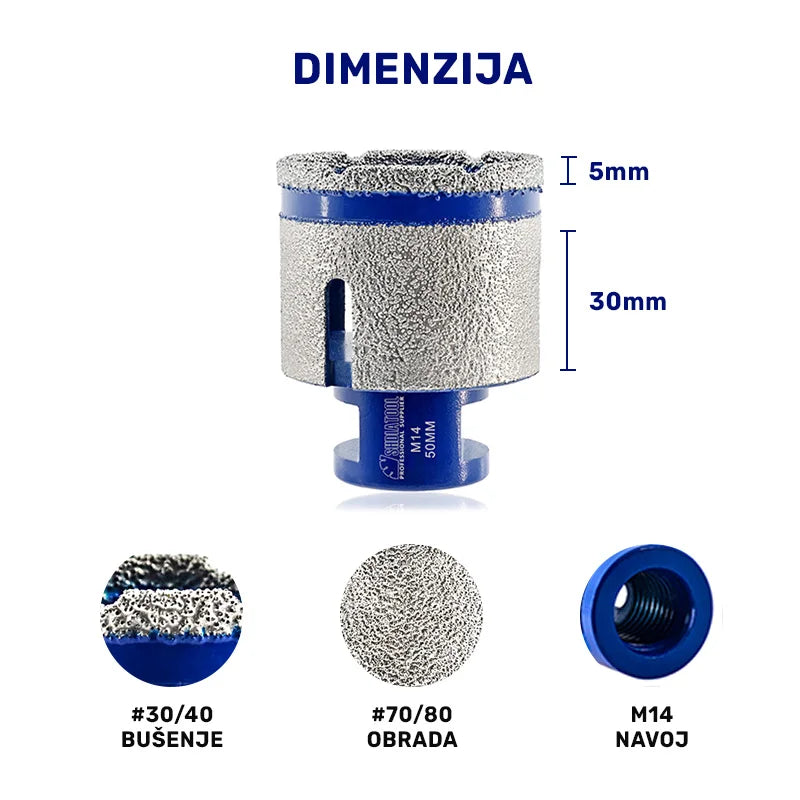 Dimenzije dijamantske krune 50 mm M14, deo za bušenje 5 mm zrnatost #35/40 i deo za obradu 30 mm zrnatost #70/80