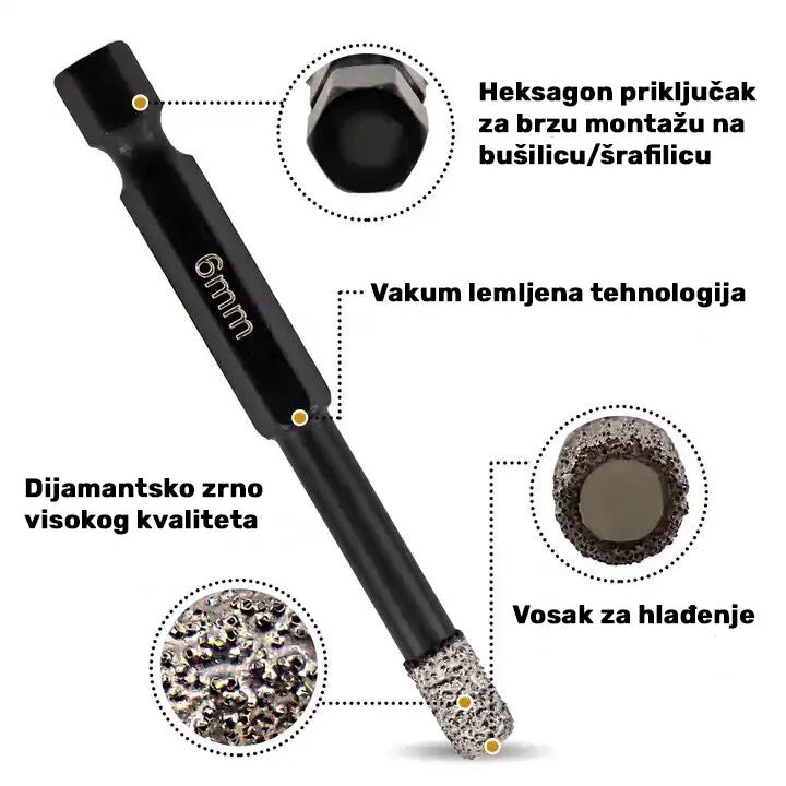 Dijamantska kruna 6 mm HEX – grafički prikaz heksagon priključka, vakuum lemljene tehnologije, voska za hlađenje i dijamantskog zrna visokog kvaliteta