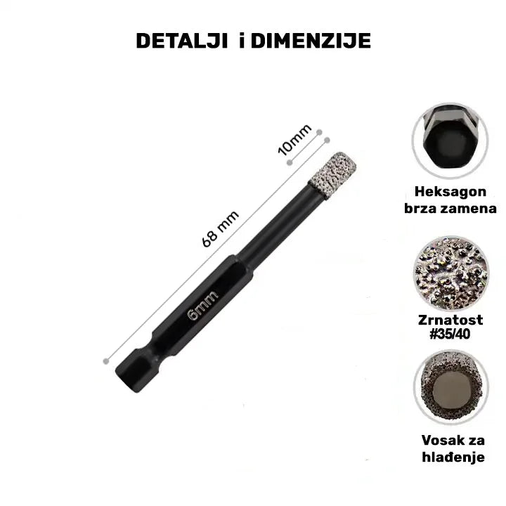 Dijamantska kruna 6 mm HEX – detalji i dimenzije burgije, ukupna dužina 68 mm i dijamantska dužina 10 mm sa prikazom heksagon prihvata