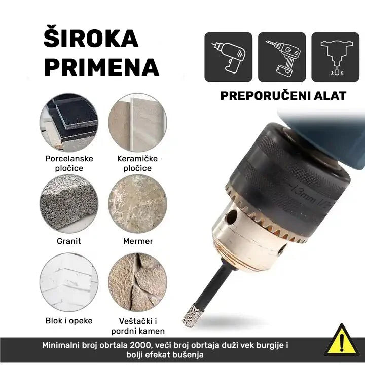 Široka primena dijamantske krune 6 mm – bušenje porcelanskih i keramičkih pločica, granita, mermera, bloka, opeke i veštačkog kamena