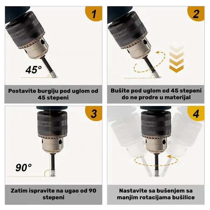 Uputstvo za bušenje dijamantskom krunom 6 mm – rad pod uglom od 45 stepeni, zatim ispravljanje na 90 stepeni i nastavak bušenja sa manjim obrtajima bušilice