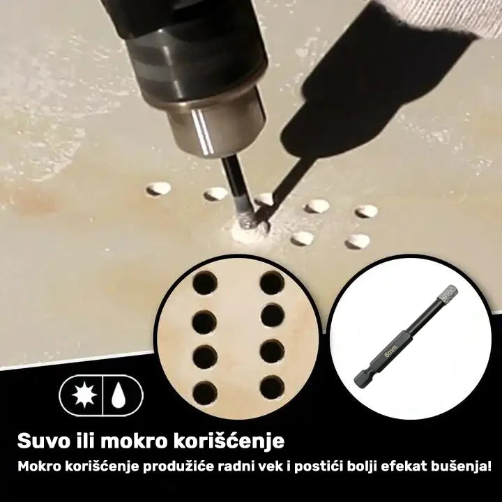 Dijamantska kruna 6 mm u radu – suvo ili mokro bušenje pločica sa više preciznih otvora i prikaz burgije sa heksagon prihvatom
