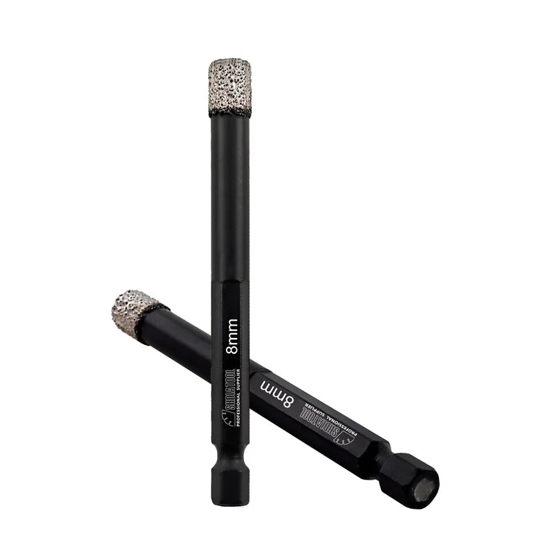 Dve dijamantske krune 8 mm heksagon – ukršten prikaz radne dijamantske zone i prihvata za bušilicu ili šrafilicu