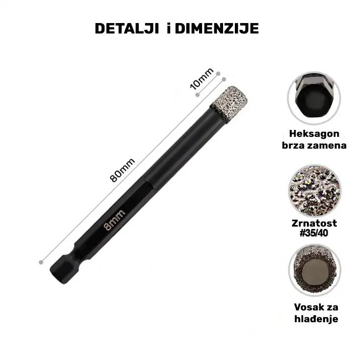 Dijamantska kruna 8 mm heksagon – dimenzije burgije sa označenom dužinom, zrnatošću i detaljem voska za hlađenje