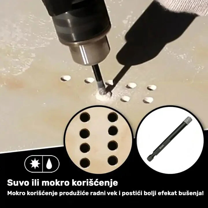 Dijamantska kruna 8 mm za pločice – prikaz bušenja rupa u porcelanskoj pločici uz naglašenu mogućnost suvog i mokrog korišćenja za duži vek alata