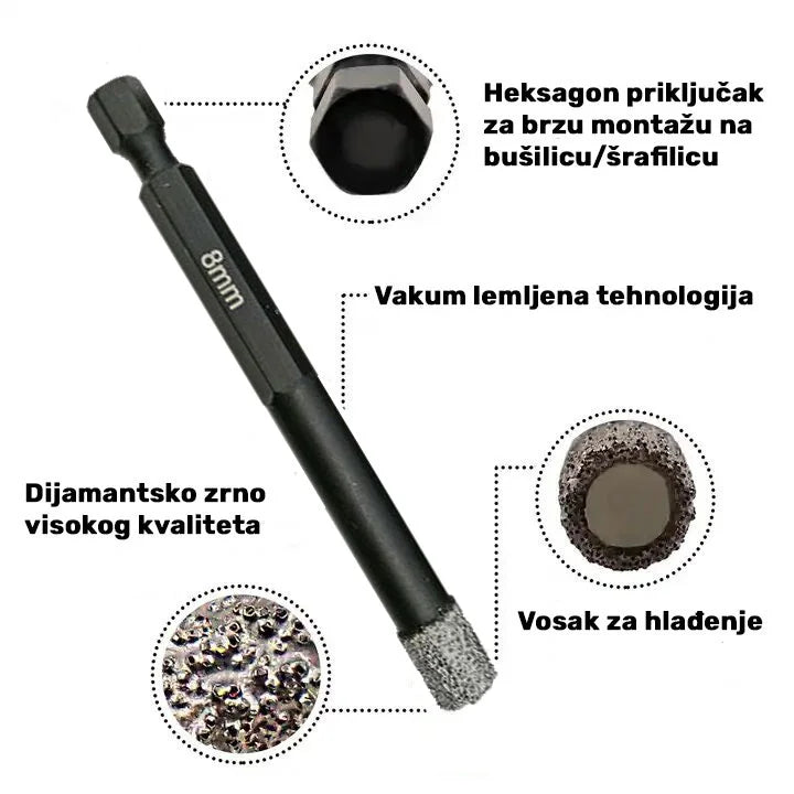 Infografik dijamantske krune 8 mm – heksagon priključak, vakum lemljena tehnologija, dijamantsko zrno visokog kvaliteta i vosak za hlađenje