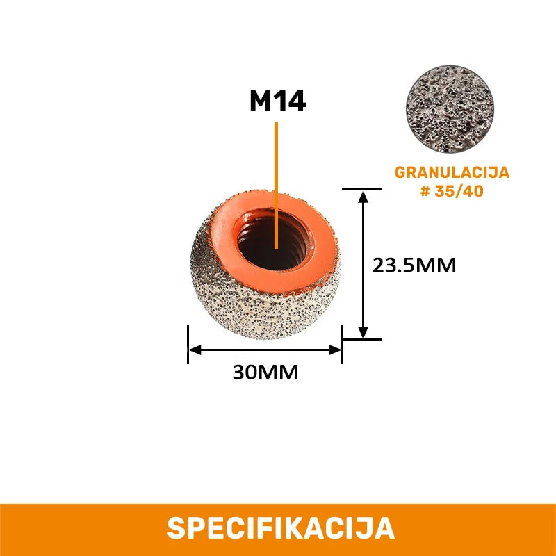 Specifikacija dijamantske kugle 30mm M14 – dimenzije 30 x 23,5 mm i granulacija dijamantskog zrna #35/40