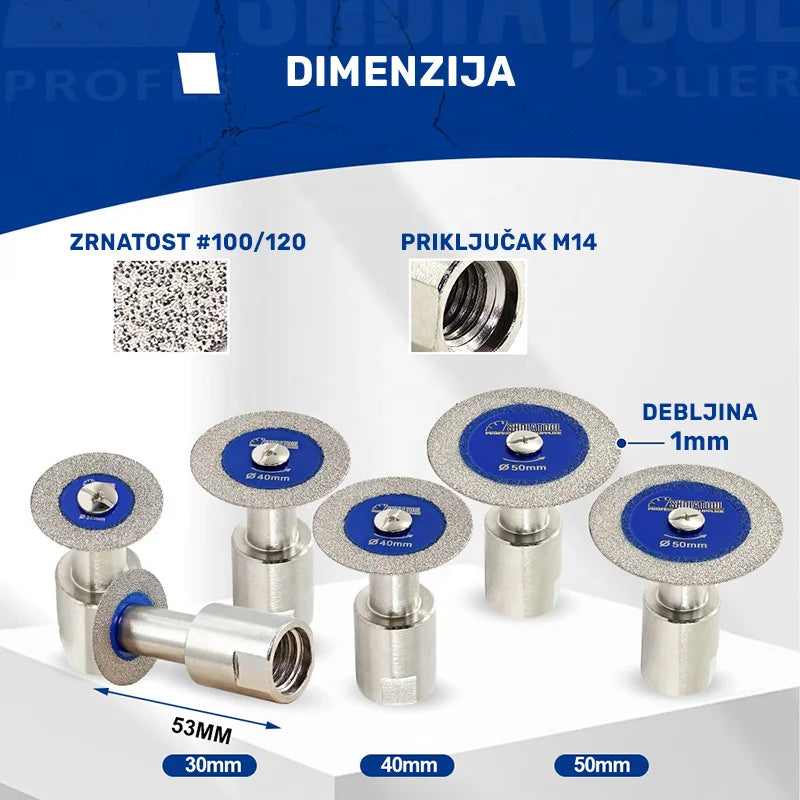 Set dijamantskih mini ploča prečnika 30, 40 i 50mm sa zrnatosti #100/120 i M14 priključkom – prikaz dimenzija i debljine 1mm