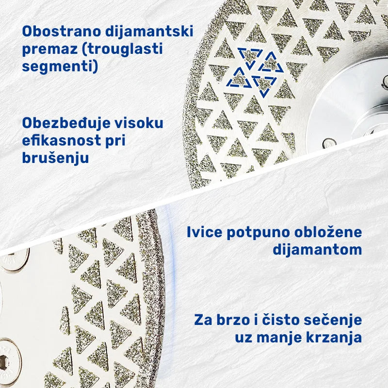 Detalj troglastih elektroplatiranih dijamantskih segmenata i potpuno obložene ivice ploče 115mm A91145M14