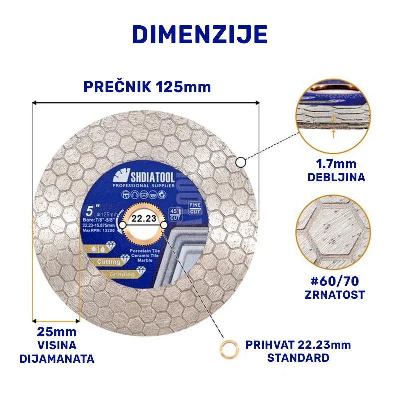 Dimenzije dijamantske ploče 125mm za rezanje i obradu – prečnik 125mm, debljina 1.7mm, visina dijamanta 25mm, zrnatost #60/70, otvor 22.23mm