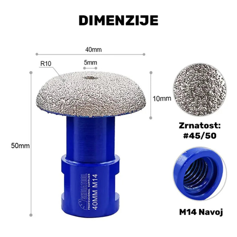 Dimenzije dijamantske poluloptaste krune 40mm M14 – prečnik 40mm, radna visina 10mm, ukupna visina 50mm, zrnatost #45/50 i M14 navoj