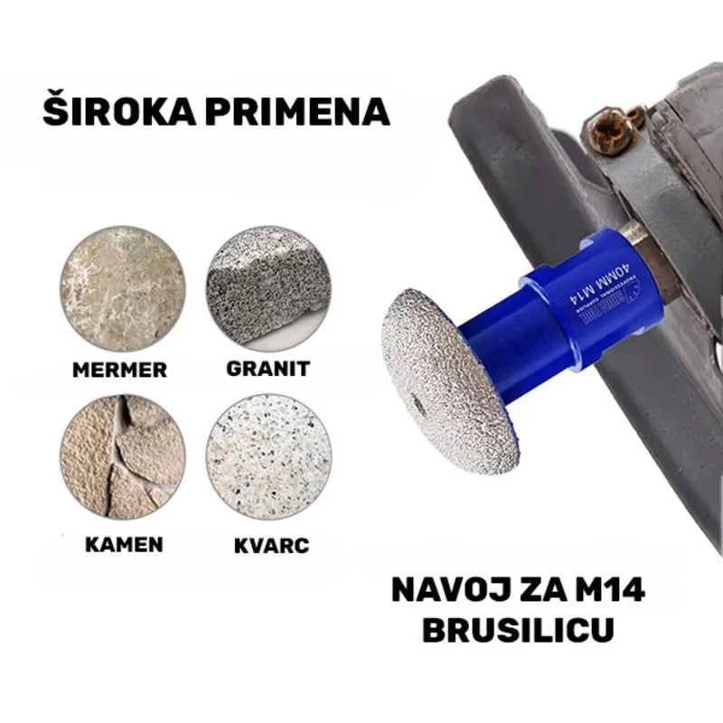 Dijamantska poluloptasta kruna 40mm M14 na ugaonoj brusilici za obradu mermera, granita, kamena i kvarca