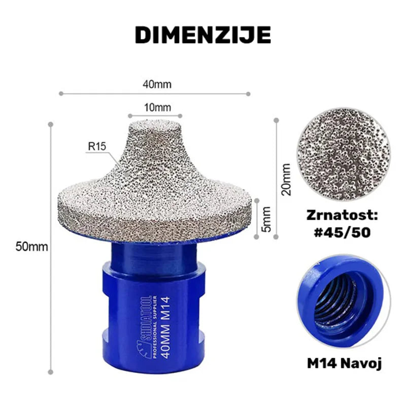 Dimenzije dijamantske profilne krune 40mm M14 – prečnik, visina i granulacija #45/50