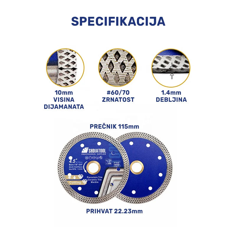 Specifikacija dijamantske mrežaste ploče 115mm A028451022 – visina dijamanta 10mm, zrnatost #60/70, debljina 1.4mm