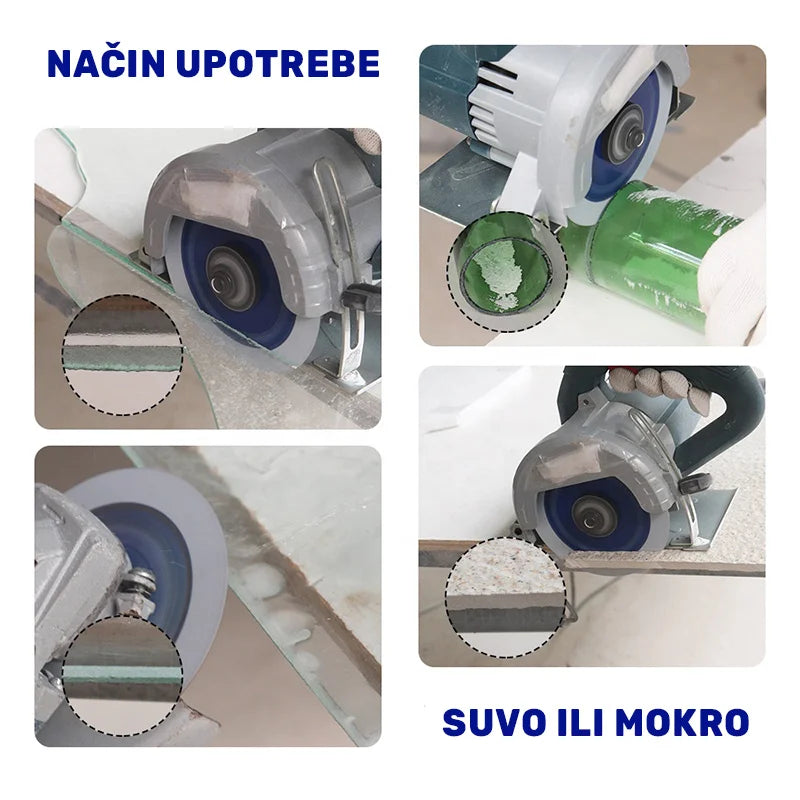 Primena dijamantske ploče 125mm pri sečenju stakla, flaša i keramičkih pločica – suvo ili mokro korišćenje