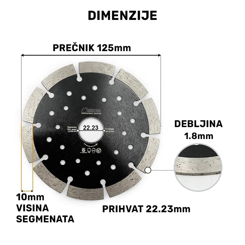 Dimenzije dijamantske segmentne turbo ploče A014451022 sa označenim prečnikom, debljinom i visinom segmenta