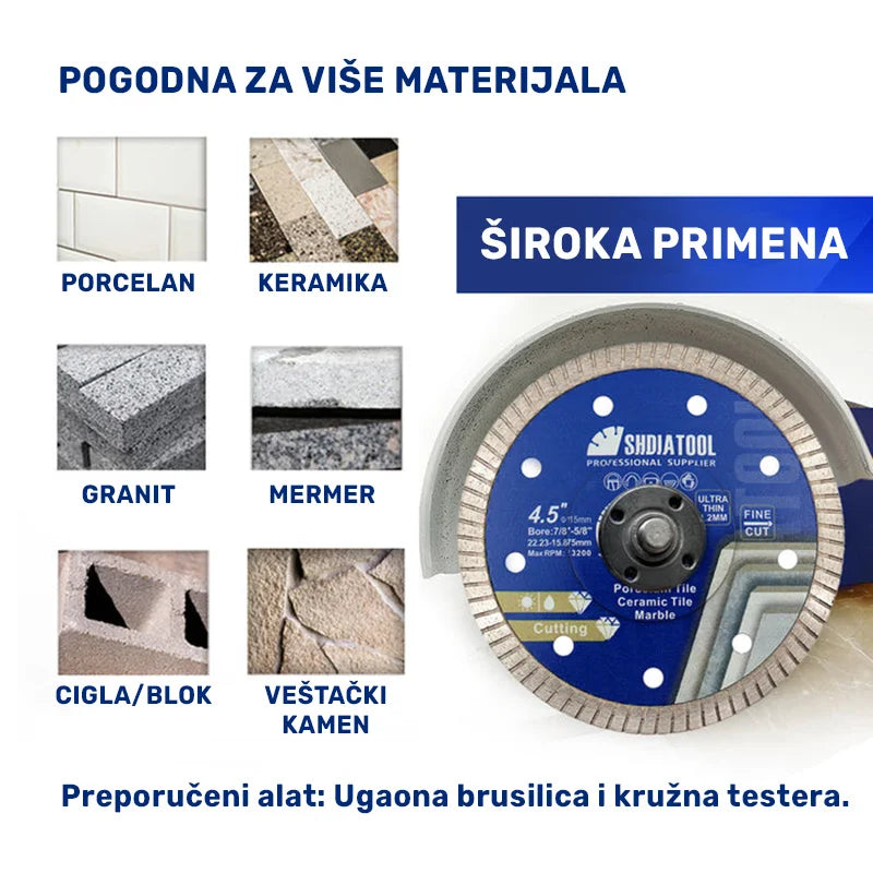 Široka primena dijamantske turbo ploče 115mm x 1.2mm – sečenje porcelana, keramike, granita, mermera, cigle i veštačkog kamena