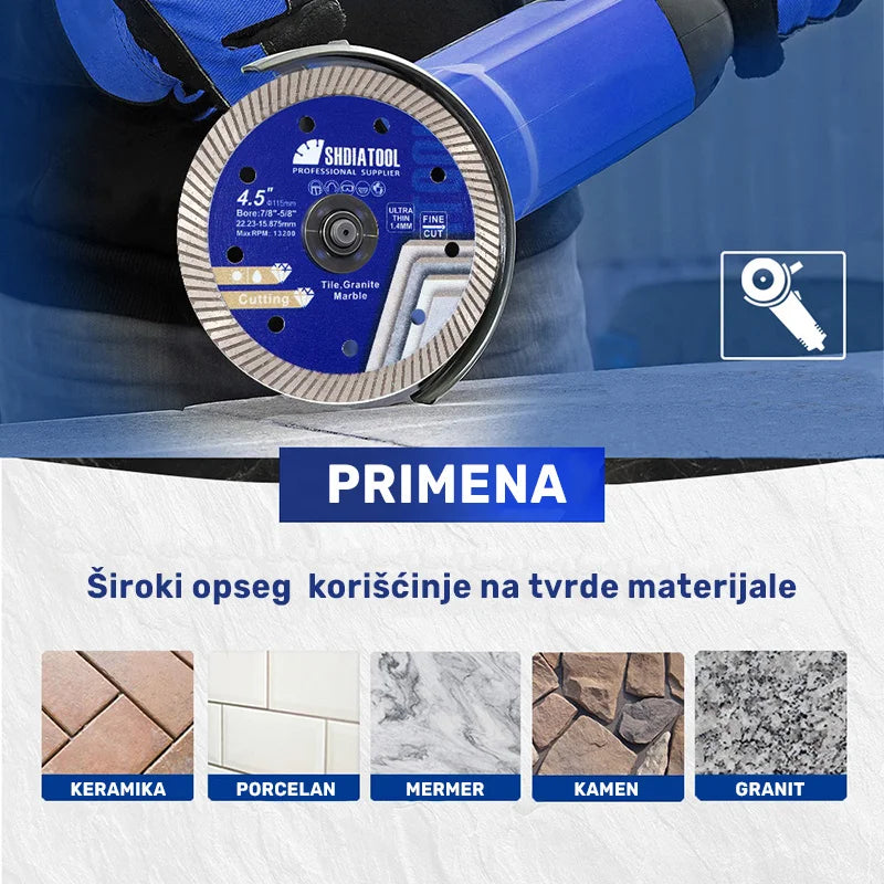 Primena dijamantske turbo rezne ploče 125mm A030051022 na keramici, porcelanu, mermeru, prirodnom kamenu i granitu