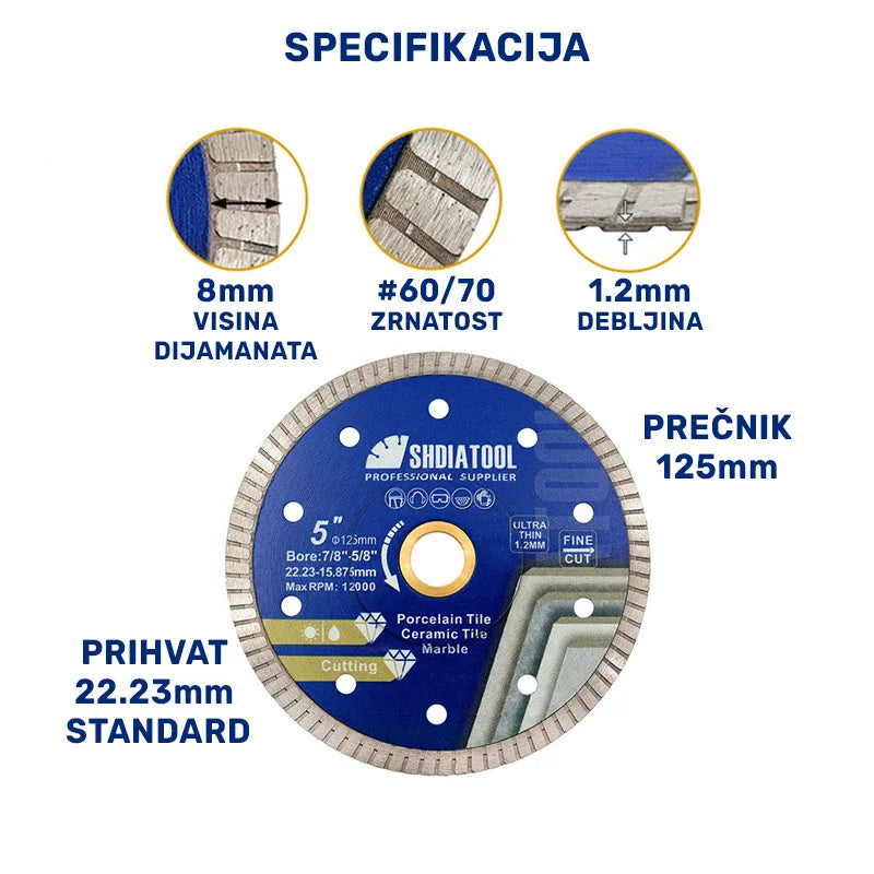 Tehnička specifikacija dijamantske ultra tanke turbo ploče 125mm x 1.2mm – visina dijamanta 8mm, zrnastost #60/70, prihvat 22.23mm