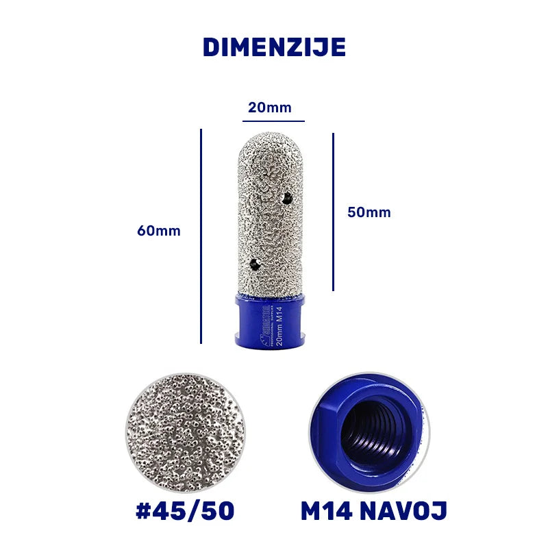 Dimenzije dijamantske valjkaste krune 20mm M14 – radna dužina 50mm, ukupna dužina 60mm, dijamantsko zrno #45/50 i M14 navoj