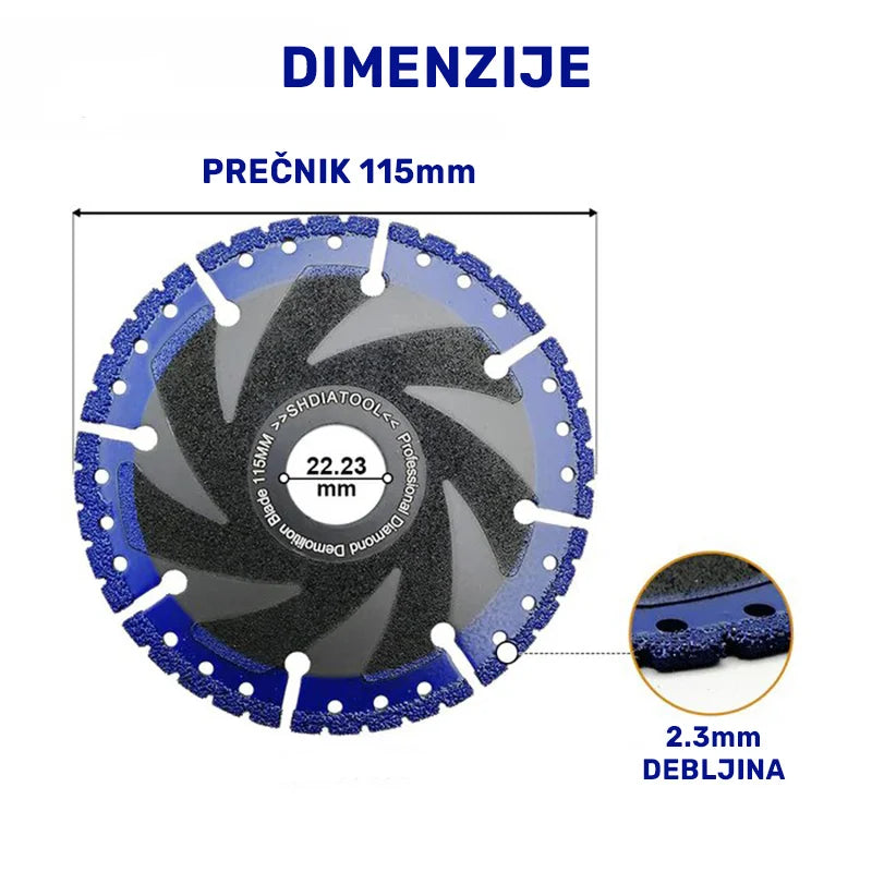 Dimenzije dijamantske višenamenske rezne ploče 115mm sa otvorom 22.23mm i debljinom segmenta 2.3mm – A849014522