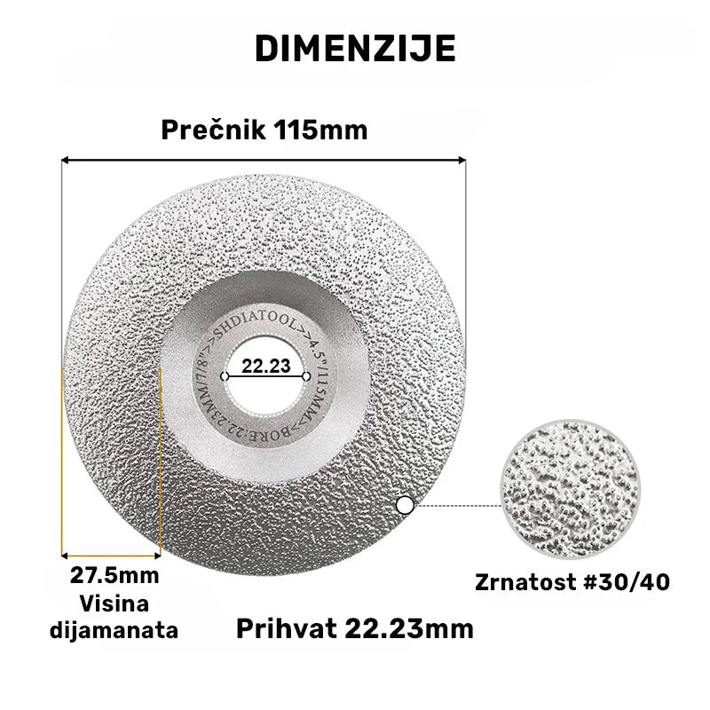 Dimenzije dijamantskog brusnog diska 115mm A8734522 – prečnik 115mm, prihvat 22.23mm i visina dijamantskog sloja 27.5mm sa zrnatosti #30/40