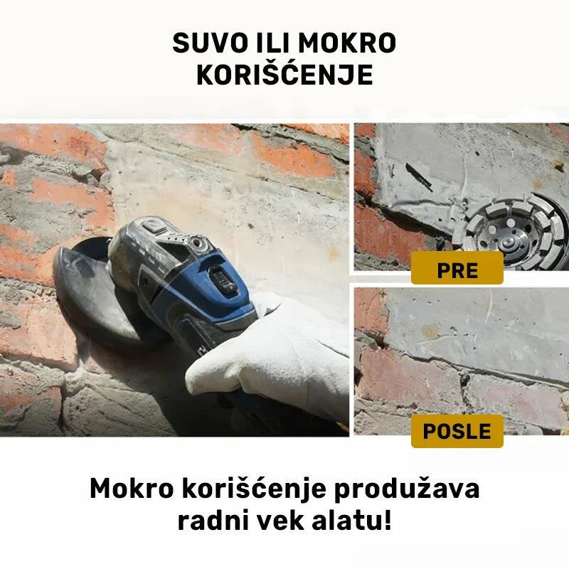 Primena dvorednog brusnog diska 115mm pri suvom i mokrom brušenju zidne i betonske površine – prikaz stanja pre i posle obrade