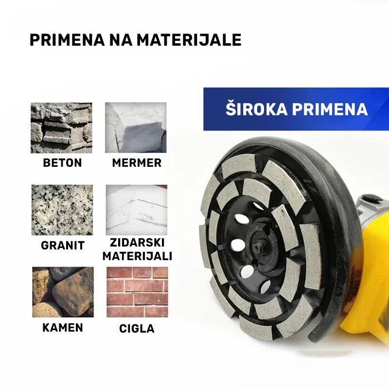 Široka primena dvorednog brusnog diska 115mm na betonu, mermeru, granitu, zidarskim materijalima, kamenu i cigli uz upotrebu ugaone brusilice