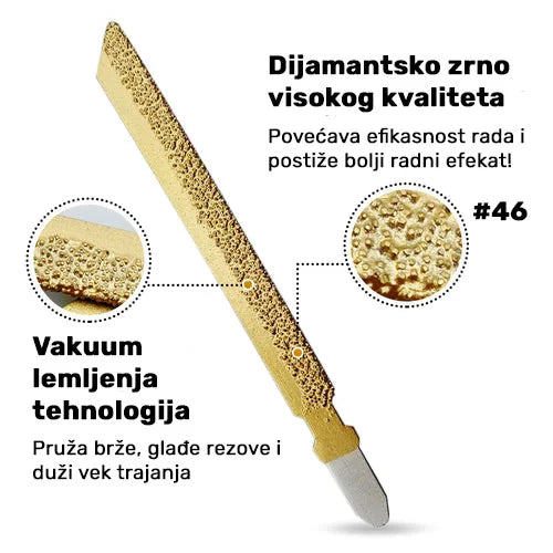 Detalj vakum lemljene dijamantske obloge zrnatosti #46 na listu za ubodnu testeru 100mm