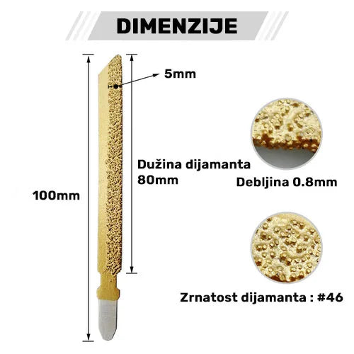 Dimenzije dijamantskog lista za ubodnu testeru 100mm A8840104 sa označenom dužinom 100mm, radnom zonom 80mm i širinom oko 5mm
