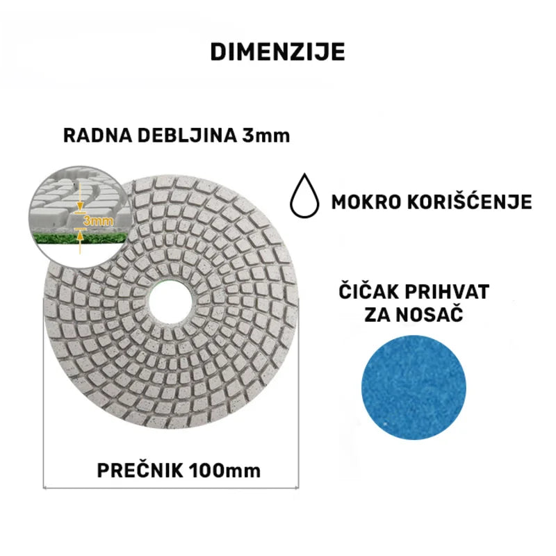 Dimenzije dijamantskog mokrog polirnog pada 100mm 1500 sa radnom debljinom 3mm i oznakom mokro korišćenje