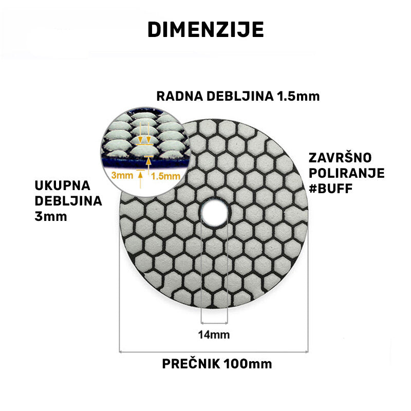 Dimenzije dijamantskog suvog polirnog pada 100mm BUFF sa označenom radnom debljinom