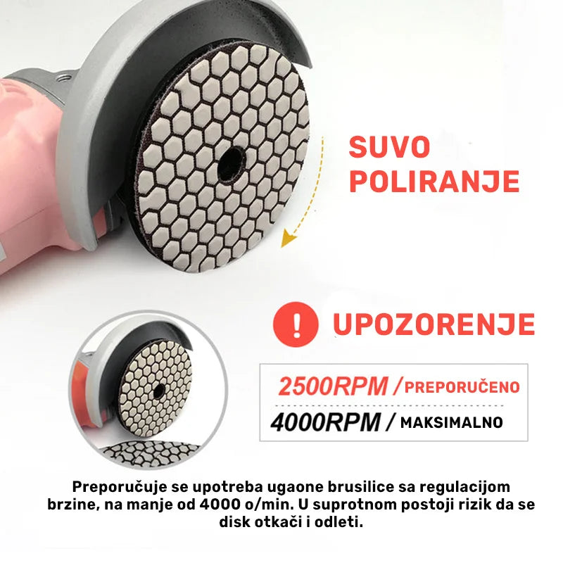 Suvo poliranje kamene površine dijamantskim polirnim padom Ø100 mm #3000 na ugaonoj brusilici