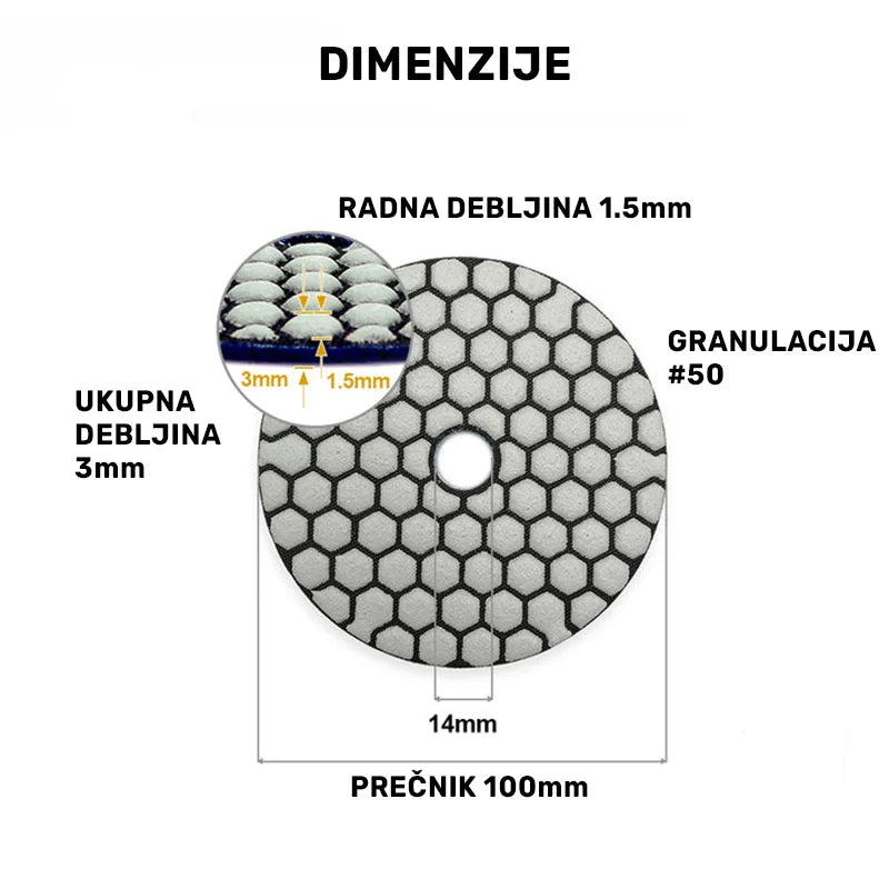 Dimenzije dijamantskog suvog polirnog pada 100mm #50 A6110415BG50 sa prikazom radne debljine 1.5mm