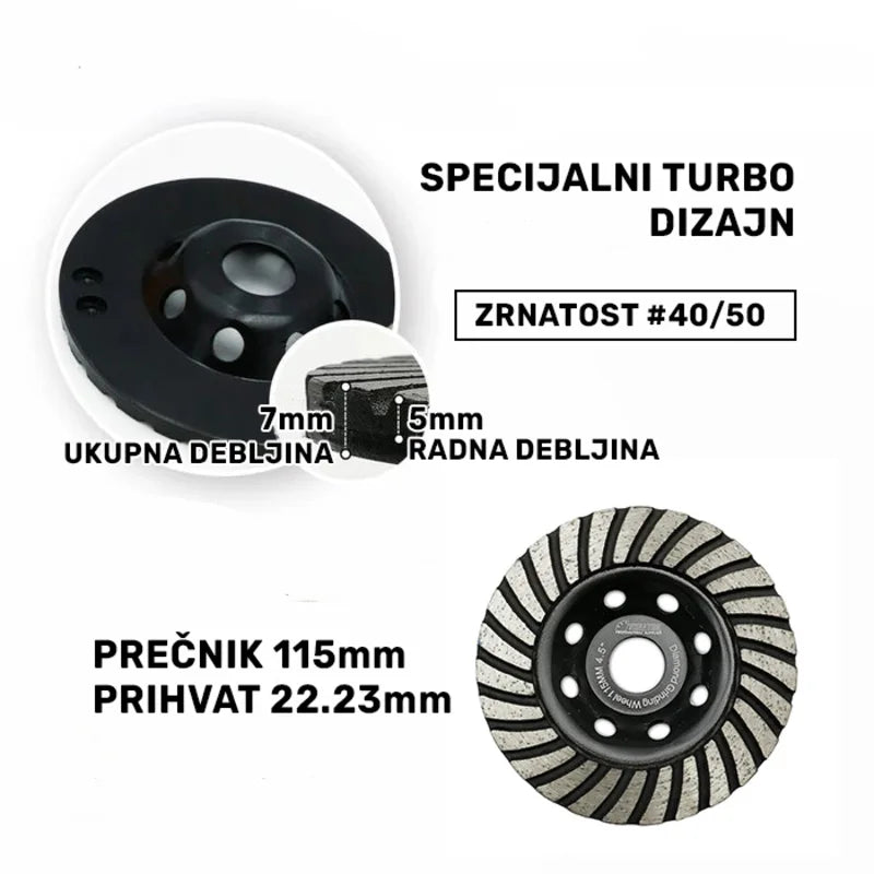 Dimenzije dijamantskog turbo brusnog diska 115mm – ukupna debljina 7mm, radna debljina 5mm, prečnik 115mm, otvor 22.23mm, granulacija #40/50